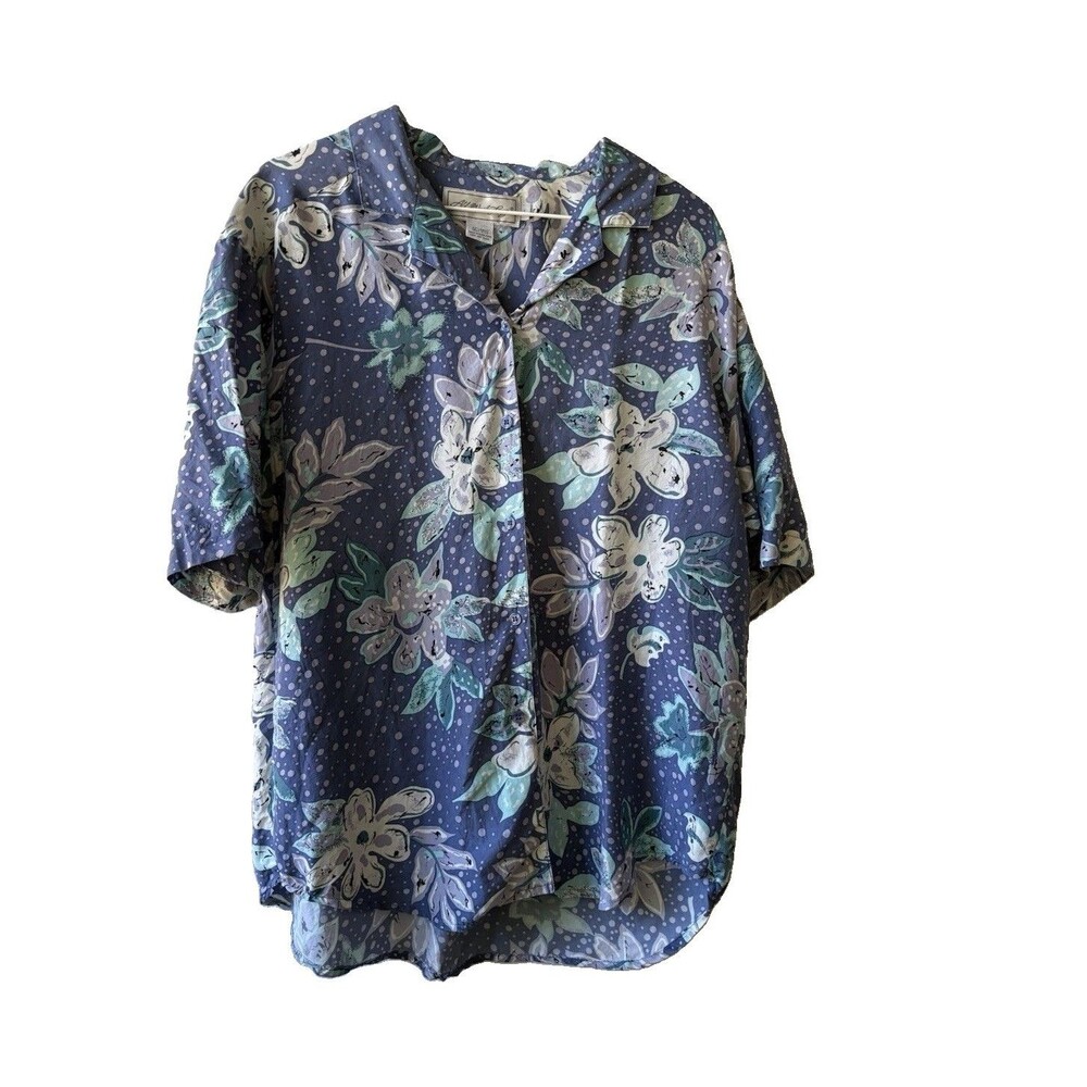All Week Long Woman’s L Silk Blue Tropical Floral Short Sleeve Button-Up Shirt